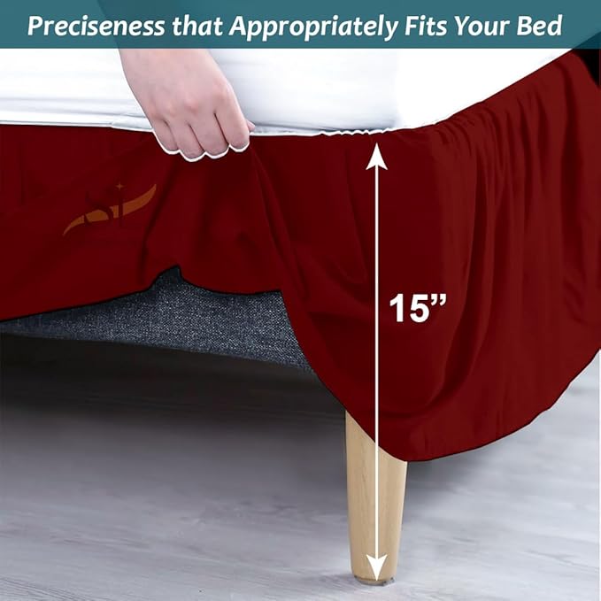 Shreem Linen Ruffled Bed Skirt with Split Corners, Gathered Style, 100% Microfiber, 15-Inch Drop, Dust Ruffle Bedskirt with Platform, King, Burgundy