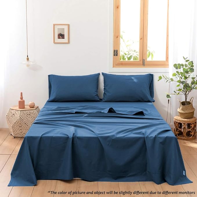 Simple&Opulence Belgian Linen Sheet Set Solid Color - 3 Pieces (1 Flat Sheet, 1 Fitted Sheet & 1 Pillowcase) Natural Flax Cotton Blend Soft Breathable Farmhouse Bedding - Twin Size, Classic Blue