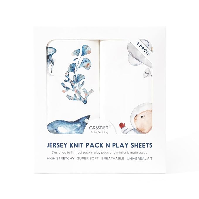 GRSSDER Stretchy Ultra Soft Jersey Knit Pack and Play Sheets 2 Pack, Portable/Mini Crib Sheets Universal Fitted for Playpen Mattress Safe and Snug, Cute Sea Fish & Space Print