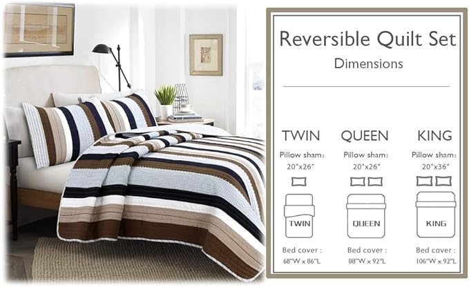 Cozy Line Home Fashions Sailor Navy Blue Star Striped Print Cotton Reversible Bedding Quilt Set (Nathan Stripe, Queen)