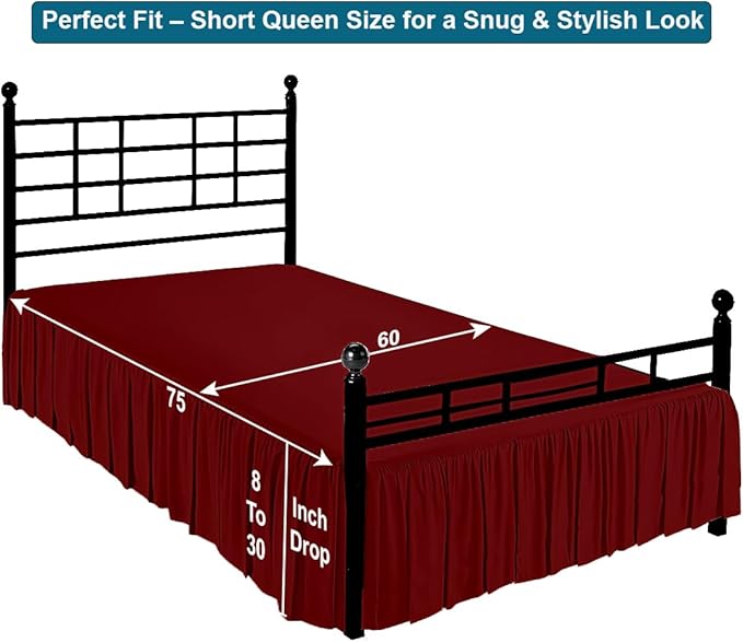 Shreem Linen Ruffled Bed Skirt with Split Corners, Gathered Style, 100% Microfiber, 24-Inch Drop, Dust Ruffle Bedskirt with Platform, Short Queen, Burgundy