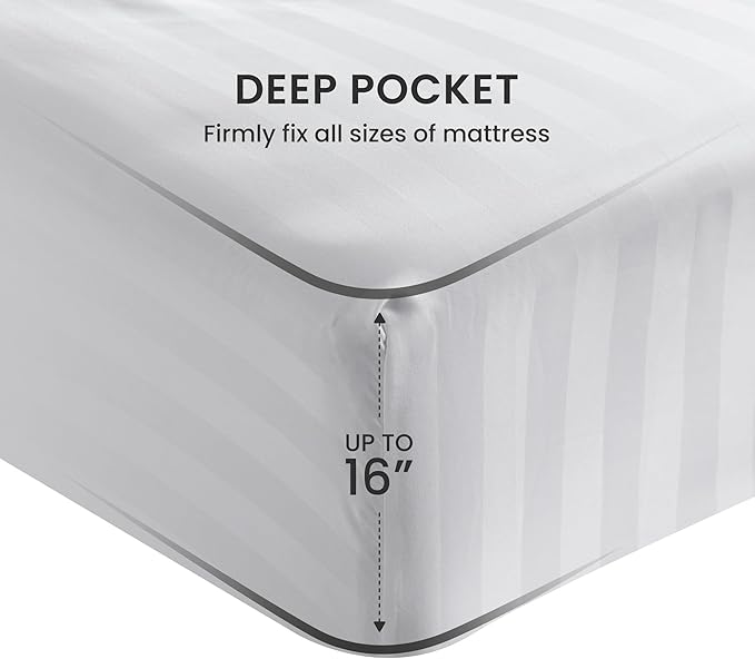 SLEEP ZONE Striped Cooling Twin Sheets Set for Kids - Fitted Flat Sheet & Pillowcase Sets 3 Piece - Super Soft Stripe Bed Sheet, Easy Care, Deep Pocket (White, Twin)