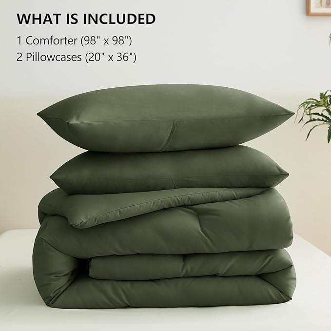 CozyLux Oversized Queen Comforter Set Olive Green, 3 Pieces 98x98 Solid Breathable Quilted Style Bedding Sets All Season, Luxury Soft Down Alternative Comforter Bed Set (1 Comforter & 2 Pillowcases)