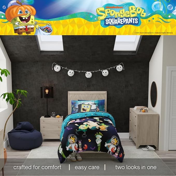 Spongebob Squarepants Kids Halloween Bedding 5 Piece Super Soft Cozy Reversible Comforter and Sheet Set with Sham, Twin, (Officially Licensed Product) by Franco