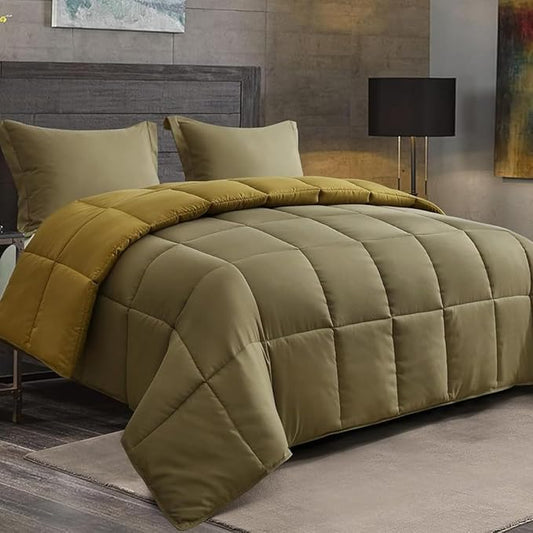 HIG 3pc Dark Olive King Size Comforter Set - All Season Reversible Down Alternative Comforter with Two Shams - Quilted Duvet Insert with Corner Tabs - Box Stitched Blanket - Breathable, Soft, Fluffy