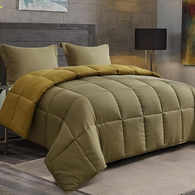 HIG 3pc Dark Olive Queen Size Comforter Set - All Season Reversible Down Alternative Comforter with Two Shams - Quilted Duvet Insert with Corner Tabs - Box Stitched Blanket - Breathable, Soft, Fluffy