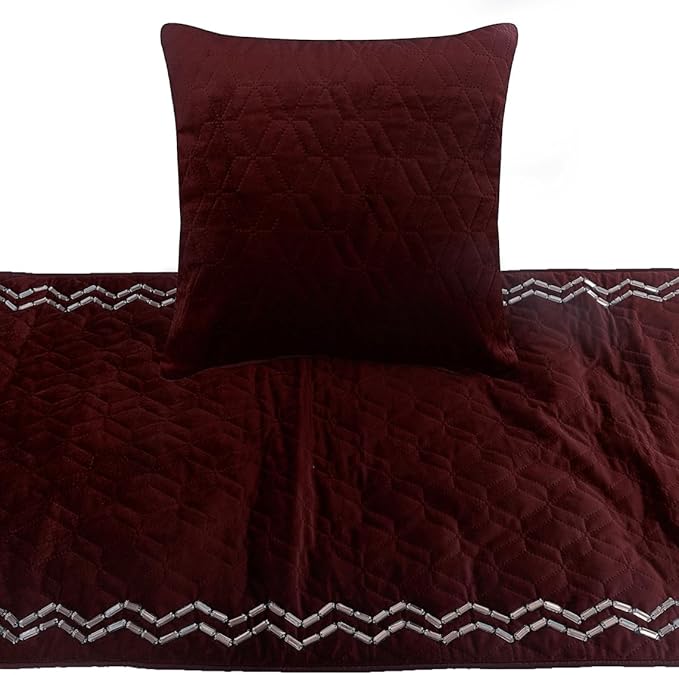 The HomeCentric King Queen Twin Deep Wine Luxury Queen 74"x18" Bed Runner with 2 Pillow Cover, Quilted & Crystals Bed Scarf on Velvet Fabric - Diamond Symphony