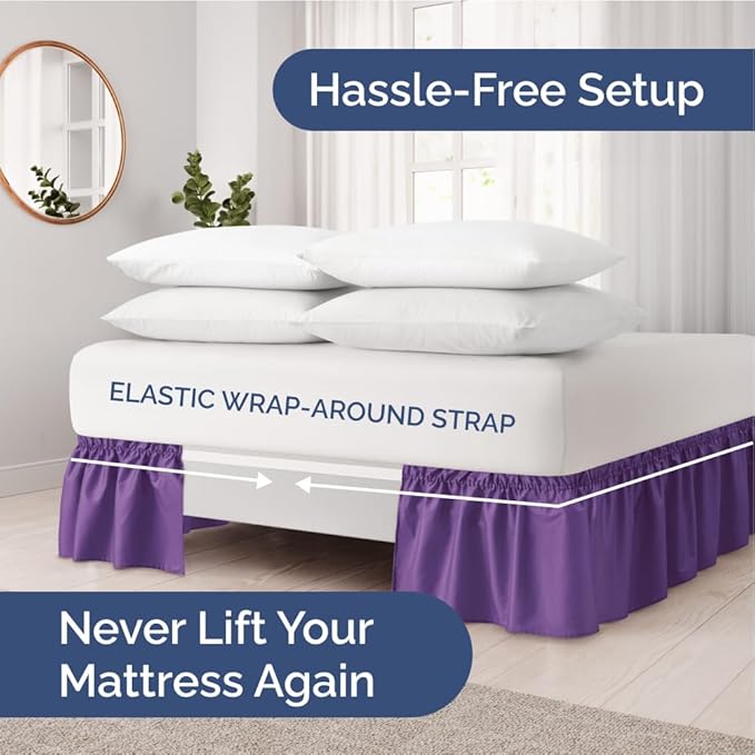 Wrap Around Dust Ruffle Bed Skirt - Purple - for King Size Beds with 18 Inch Drop - Easy Fit Elastic Strap - Adjustable Pleated Bedskirt w/Brushed Fabric - Wrinkle Free - for Women, Men, Kids & Teens