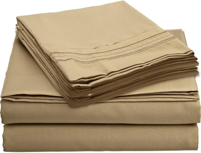 Clara Clark 1800 Series Bed Sheet Sets - Stay fit on Mattress with Elastic Straps at Corners - King, Camel Gold
