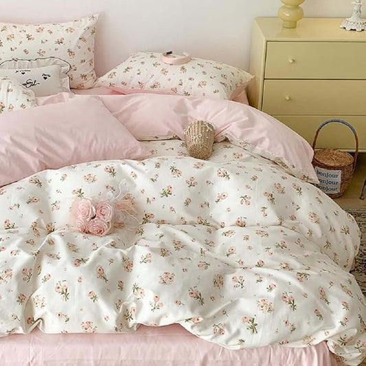 Nayoroom Pink Floral Duvet Cover Queen Size Reversible Green Botanical Leaf Printed on White Spring Comforter Cover 3Pcs Soft Microfiber Aesthetic Cottagecore Bedding Set Gift for Women Girls