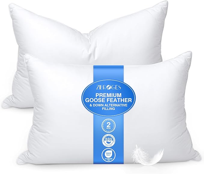 Feather Pillows King Size Set of 2 - Goose Down Hotel Bed Pillow for Sleeping, Soft 600 Thread Count Cotton Cover, Fluffy Support Surround Fill Polyester for Side, Back and Stomach Sleepers