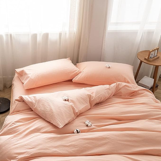 FACE TWO FACE Bedding Duvet Cover Set 3 Pieces 100% Washed Cotton Duvet Cover Linen Like Textured Breathable Durable Soft Comfy (California King, Pink)