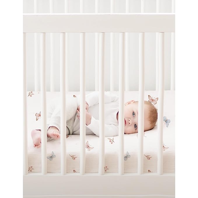 Konssy Muslin Mini Crib Sheets, 100% Soft Cotton Pack and Play Sheets for Pack N Play Mattress, Playard Baby Crib Sheets for Baby Girls(Taupe,Butterfly Dreams)