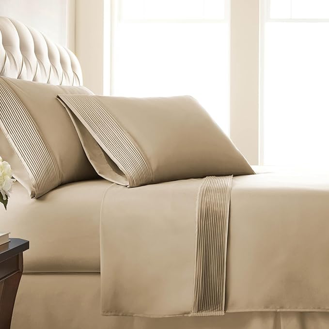 Southshore Fine Living, Inc. Pleated, 5-Piece Split King Sheet Set, 21-Inch Beige Sheets for Split King Adjustable Bed, 2 Deep Pocket Fitted Sheets, 1 Flat Sheet, 2 Beige Pillow Cases, Soft Sand