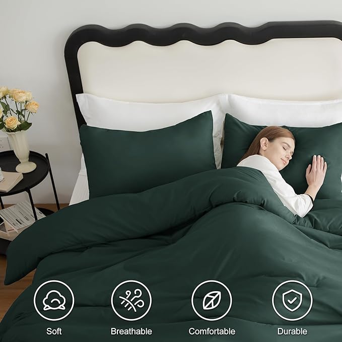 CozyLux Oversized King Comforter Set Forest Green, 3 Pieces 120x98 Solid Breathable Quilted Style Bedding Sets All Season, Luxury Soft Down Alternative Comforter Bed Set (1 Comforter & 2 Pillowcases)