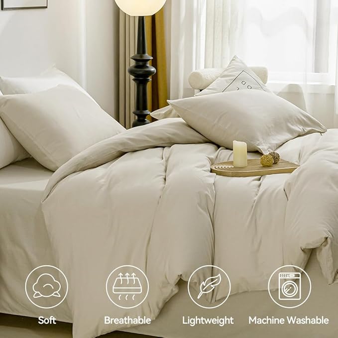 JELLYMONI Cotton Duvet Cover King Size - 100% Washed Cotton Linen Like Textured Comforter Cover, 3 Pieces Lightweight Soft Bedding Set with Zipper Closure (Light Khaki, King 104"x90")