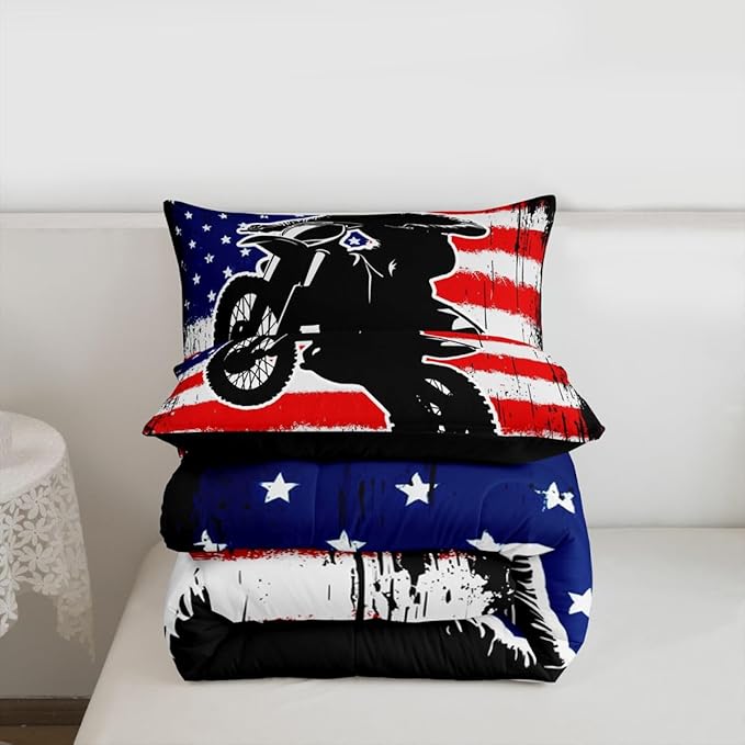 Dirt Bike Comforter Set King Motocross Comforter Retro American Flag Bedding Set for Kids Boys Teens Men Grunge Room Decor,Extreme Sports Tie Dye Bed Set Motor Biker Motorcycle Quilt Duvet Set 3 Pcs