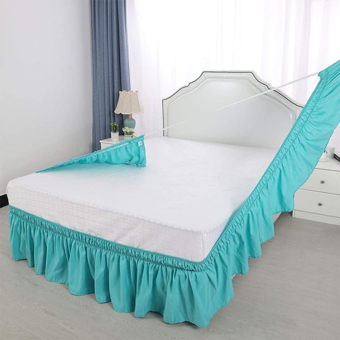 Bed Skirt - Wrap Around Bed Skirts Elastic Dust Ruffles, Easy Fit Wrinkle and Fade Resistant Luxurious Fabric Solid Color, Aqua Full XXL Size Beds 15 Inch Drop