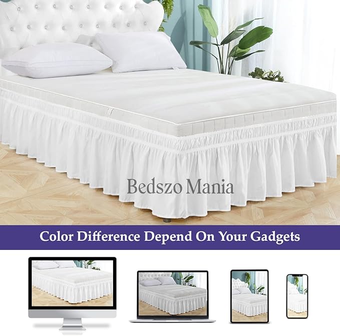 Wrap Around Bed Skirt 9" Inch Drop 100% MicrofibreFabric 1-Piece Bed Skirt Easy Fit Easy Care Fade & Wrinkle Resistant - Full Size (54"X75"), White Color