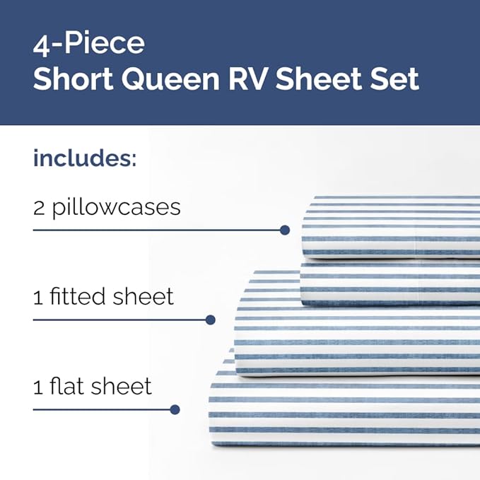 Short Queen Size 4 Piece Sheet Set - RV Short Queen, Soft, Breathable & Cooling Bed Sheets Set w/ Deep Pockets - Hotel Luxury Bedding for Women, Men, Kids, Teens, Boys & Girls, Oeko-Tex - Blue Stripes