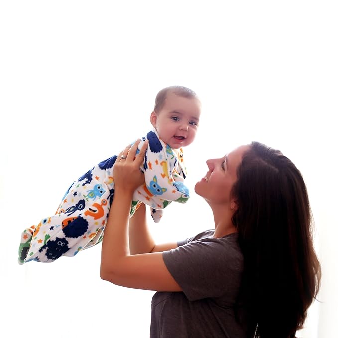 SleepingBaby Zipadee-Zip Transition Swaddle - Cozy Fleece Wearable Blanket with Two-Way Zipper for Baby Sleep - Monster Madness, Medium (6-12 Month)