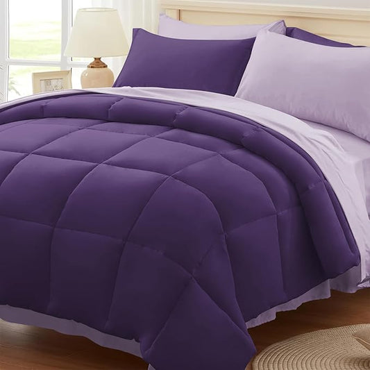 Anluoer Full Comforter Set,Dark Purple&Light Purple Bed in a Bag 7 Piece,Lightweight Bedding Set with Down Alternative Fill,Bed Set Includes Comforter, Fitted Sheet, Flat Sheet,Pillowcases and Shams