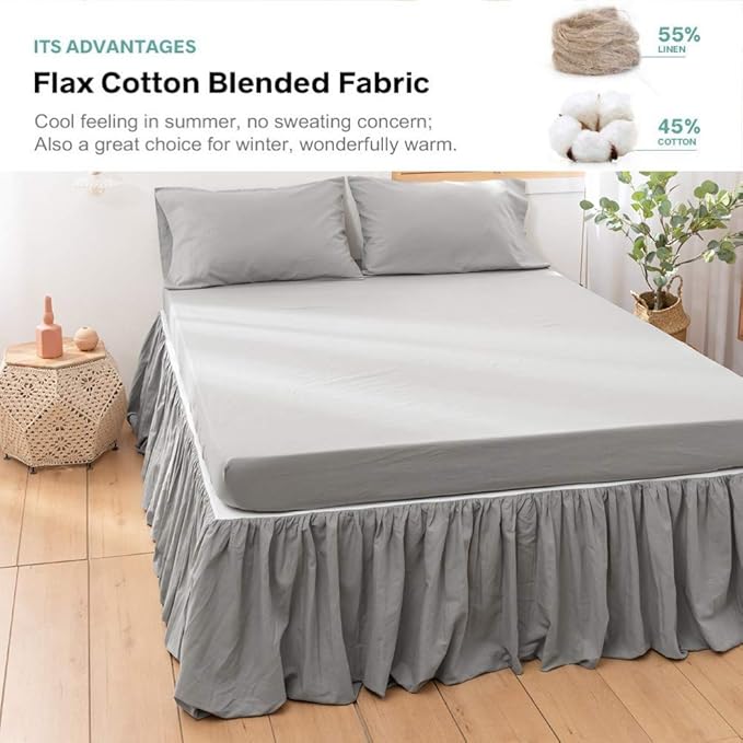 BISELINA French Linen Bed Skirt with Pleated Frills 14-Inch Tailored Drop Natural Flax Cotton Blend Dust Ruffle Soft Cozy Farmhouse Bedding (14" Twin, Grey)