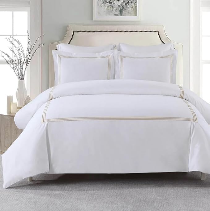 Royal Hotel Bedding Embroidered Adeline 4 Piece Comforter Set with Pillow Shams and Down Alternative Comforter (Duvet Insert) Duvet Cover Set, 100% Cotton Percale, Full/Queen, White and Navy