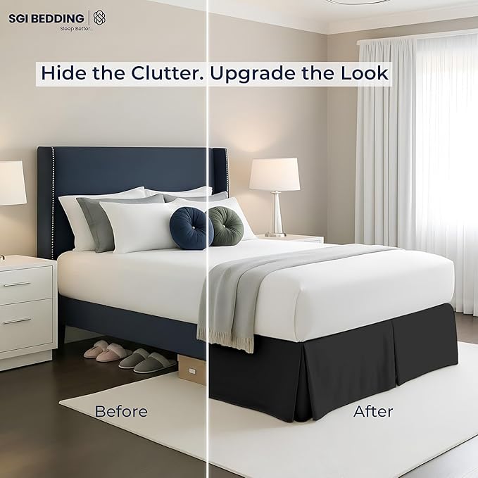 SGI Bedding 10 inch Drop Bed Skirt Queen Size - Platform Style with Secure Fit, Classic Tailored Look, Elegant Pleated Style Dust Ruffle, Split Corners, Wrinkle Resistant Microfiber - Black
