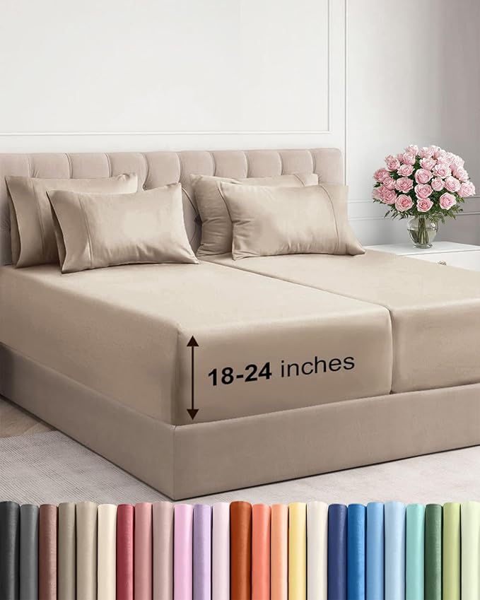 Extra Deep Split King Sheet Set - 7 Piece Breathable and Cooling Sheets - Hotel Luxury Bedding for Women, Men, Kids & Teens - Easy Secure Fit - Soft, Wrinkle Free & Comfy - Extra Deep Pockets - Cream
