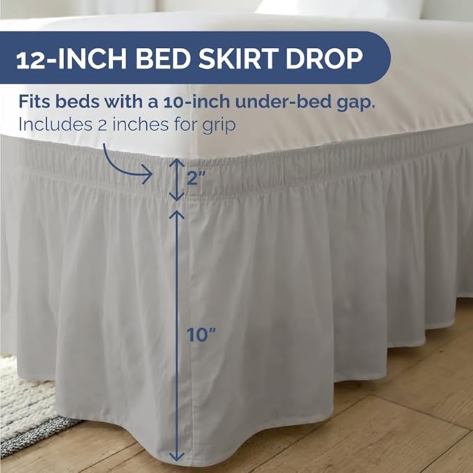Wrap Around Dust Ruffle Bed Skirt - Light Grey - for King Size Beds with 12 Inch Drop - Elastic Strap - Adjustable Pleated Bedskirt with Brushed Fabric and Wrinkle Free - for Women, Men, Kids & Teens