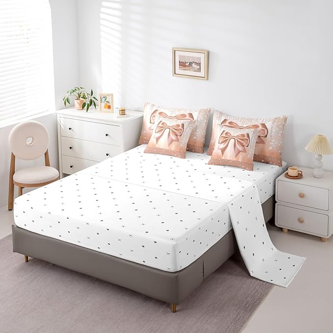 Feelyou Kids Cute Bowknot Comforter Set with Sheets King Size, Dreamy Princess 7 Pieces Bedding Set Boys Girls Glitter Bed in A Bag Watercolor Bow Teens Bed Set Bedroom Decor 7Pcs