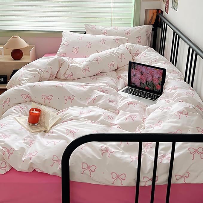 Nayoroom Pink Bow Duvet Cover Full Size Polka Dot Bowknot Coquette Duvet Cover 3 Pieces Soft Lightweight Microfiber Girls Cute Aesthetic Dorm Bedding Set