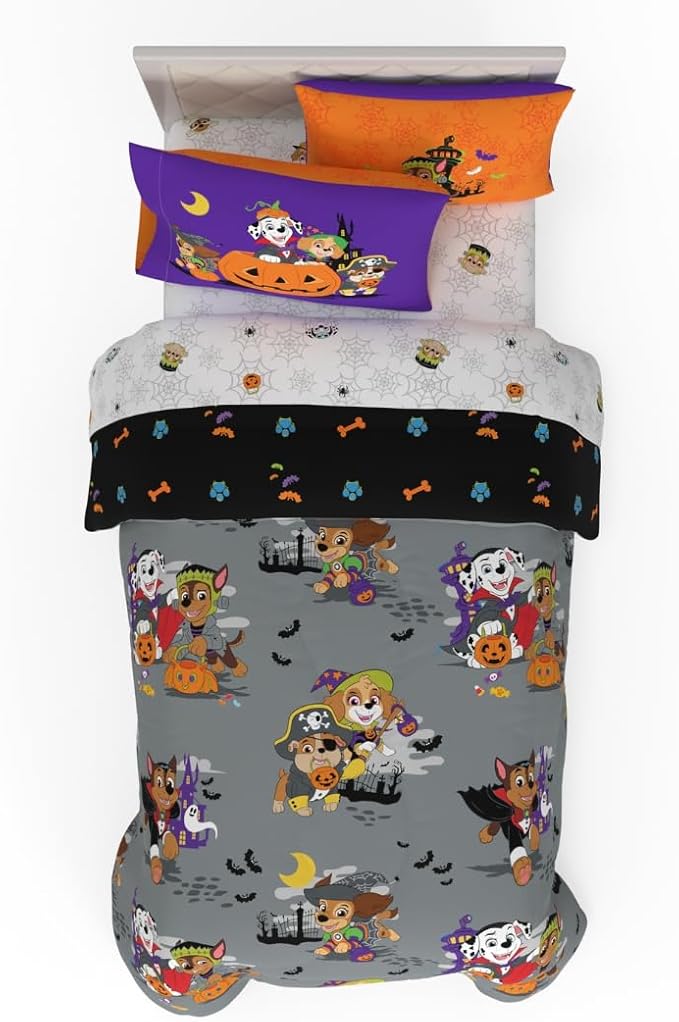 Paw Patrol Kids Halloween Bedding 5 Piece Super Soft Cozy Reversible Comforter and Sheet Set with Sham, Twin, (Officially Licensed Product) by Franco