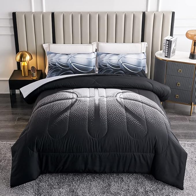 Teen Boy Comforter Set Full,Basketball Bedding Set for Kids Boys Teens,Black and Grey Sports Comforter Full with 2 Pillowcases,Basketball Comforters Full Size for Boys,All Season Use