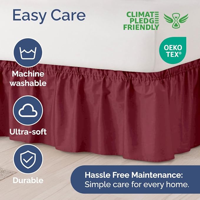 Wrap Around Dust Ruffle Bed Skirt - Burgundy - for Full Size Beds with 12 Inch Drop - Easy Fit Elastic Strap - Adjustable Pleated Bedskirt w/Brushed Fabric Wrinkle Free - for Women, Men, Kids & Teens
