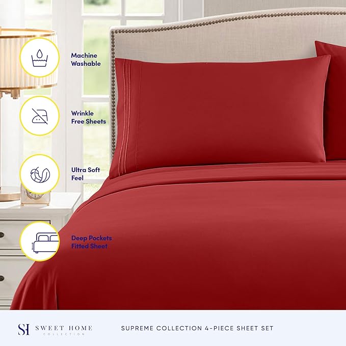 Split King Sheets - Breathable Luxury Sheets with Full Elastic & Secure Corner Straps Built In - 1800 Supreme Collection Extra Soft Deep Pocket Bedding Set, Sheet Set, Split King Size, Red
