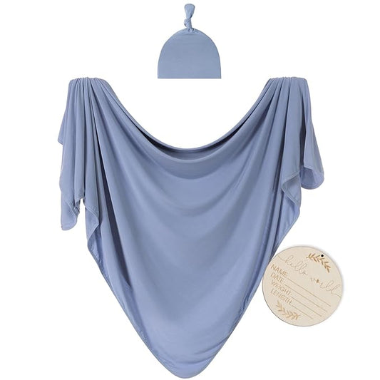 Large Jersey Knitted Swaddle Blanket for Baby, Soft Stretchy Receiving Blanket for Newborns with Hat, Baby Nursery Swaddle 47 x 47 inches(Steel Blue)