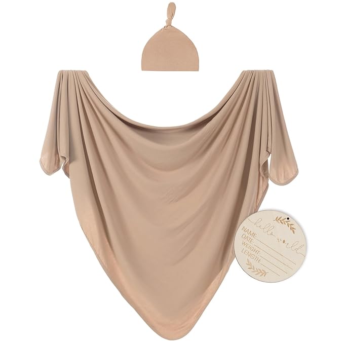 Large Jersey Knitted Swaddle Blanket for Baby, Soft Stretchy Receiving Blanket for Newborns with Hat, Baby Nursery Swaddle 47 x 47 inches(Muted Fawn)