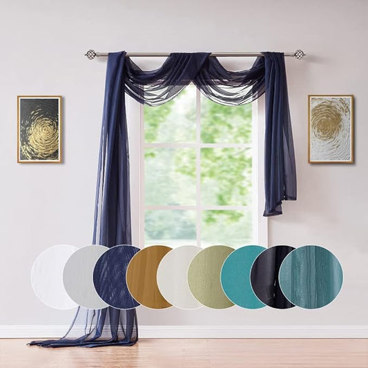 Long Length 56" (W) x 216" (L) Navy Blue Sheer Window Scarf. Voile Window Treatments are Perfect As Valance Scarves, Canopy Bed Scarf Or Wedding Decoration. AMA 56" x 216" Navy