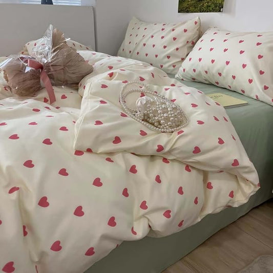 Nayoroom Heart Duvet Cover Twin Size Kawaii Pink Heart Printed on Cream White Bedding Set 2Pcs Kids Girls Cute Heart-Shaped Pattern Comforter Cover with Zipper Closure Soft Breathable Microfiber