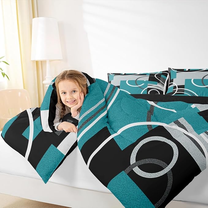 Modern Turquoise Decor Comforter King Geometric Circles Gird Bedding Set For Boys Girls Kids Teens Adult Black Grey Down Comforter Stripe Swirls Duvet Set Modern Graphic Texture Quilted Comforter
