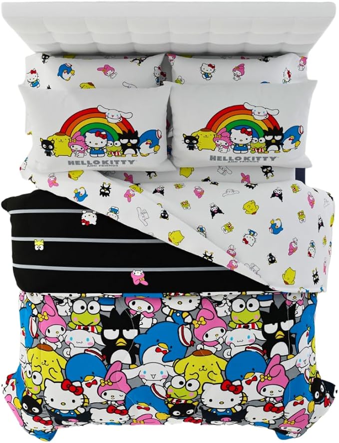 Franco Collectibles Hello Kitty & Friends Bedding 7 Piece Super Soft Comforter and Sheet Set with Sham, Queen, (Official Licensed Product)