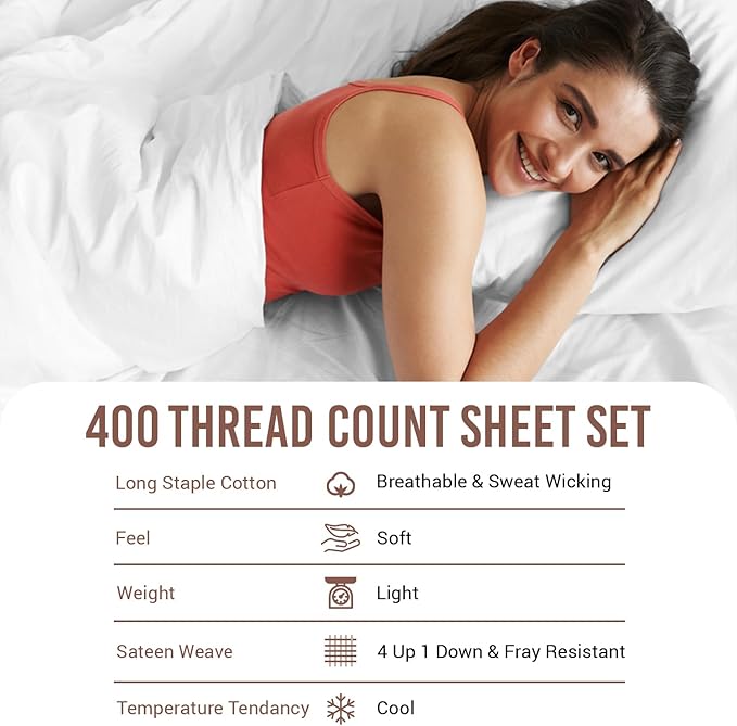 Pizuna Pure 100% Cotton Sheet Set Twin, Luxurious 400 Thread Count Long Staple Cotton Sateen Sheets Twin with 15" Deep Pocket (White)