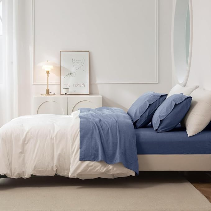 JIYUAN 100% Washed Cotton Sheet Set 4 Pieces Queen,1 Fitted Sheet,1 Flat Sheet and 2 Pillowcases,Comfy and Breathable Linen Like Bedding Set,Heathered Blue