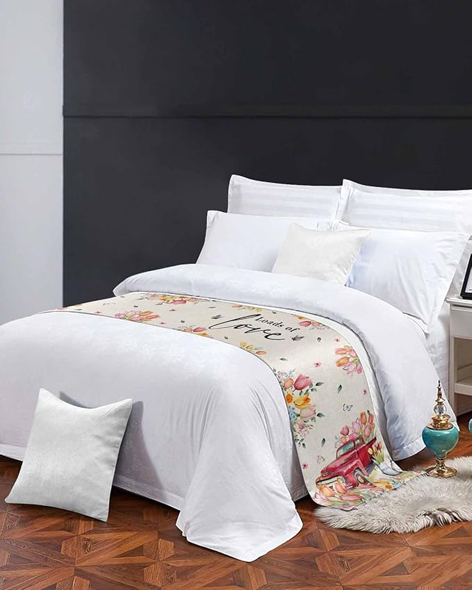 Spring Flower Tulips Red Farm Truck Bed Runners for Bedroom Hotel,Decorative Bedding Scarf Love Colorful Floral Bed End Blanket Bedding Runner Scarves for Queen Size Beds,94x20in