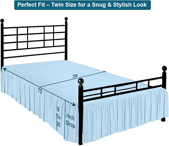 Shreem Linen Ruffled Bed Skirt with Split Corners, Gathered Style, 100% Microfiber, 21-Inch Drop, Dust Ruffle Bedskirt with Platform, Twin, Light Blue