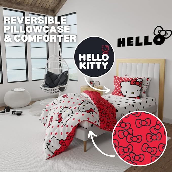 Franco Collectibles Hello Kitty Polka Dot Bedding 5 Piece Super Soft Comforter and Sheet Set with Sham, Twin, (Official Licensed Product)