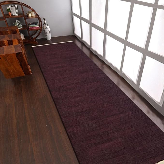 Rugsotic Carpets Hand Woven Flat Weave Kilim Wool ECO-Friendly Area Rugs - 2'6''x8', Runner Shape, Plum Color, Solid Plain Design, Low Pile Handmade Area Rugs for Living Room, Bed Room (D00111)