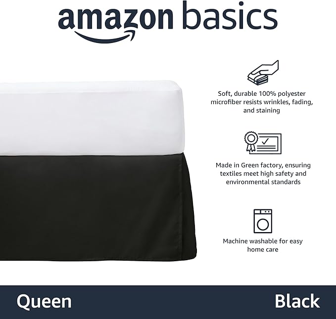 Amazon Basics Lightweight Pleated Bed Skirt, Queen, Black, Solid (Pack of 8)
